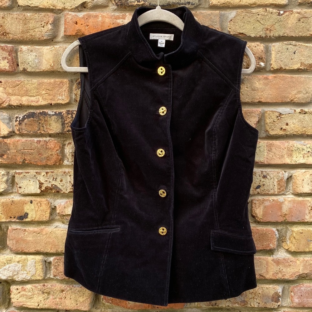 St. John Sport Women's Size M Black Corduroy Gold Logo Button Up Vest Pockets